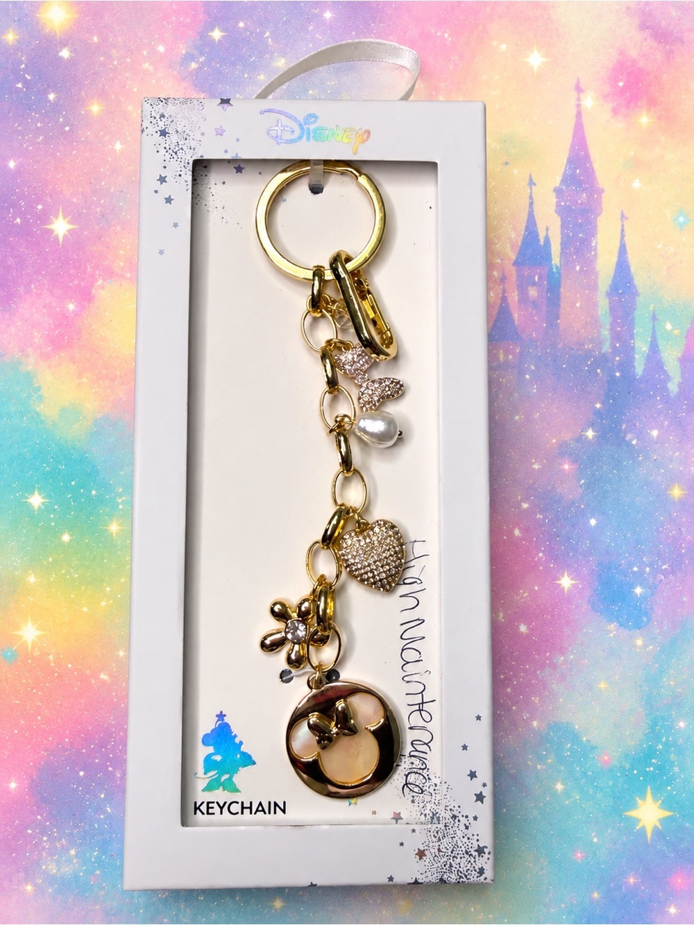 Disney-Inspired Charm Keychain | Gold Tone | Sparkle Heart & Pearl Accent